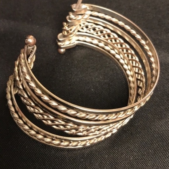 Vintage Cuff Bangle Bracelet silver brass tone stacked & barbell end  2.5" X 1" - Picture 9 of 11